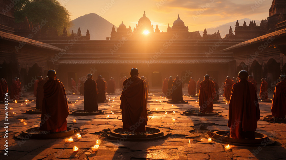 Monastery Dawn: Monks in saffron robes gathering in a monastery courtyard for their morning prayer. - obrazy, fototapety, plakaty 