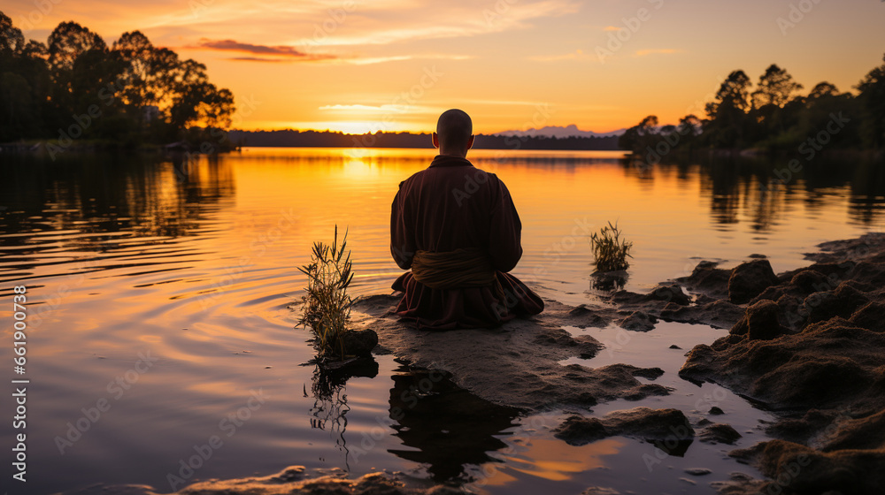 Prayer by the Lake: An individual praying on the edge of a calm lake, with the first light of day breaking.