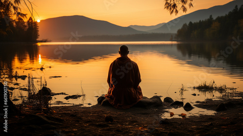 Prayer by the Lake: An individual praying on the edge of a calm lake, with the first light of day breaking.