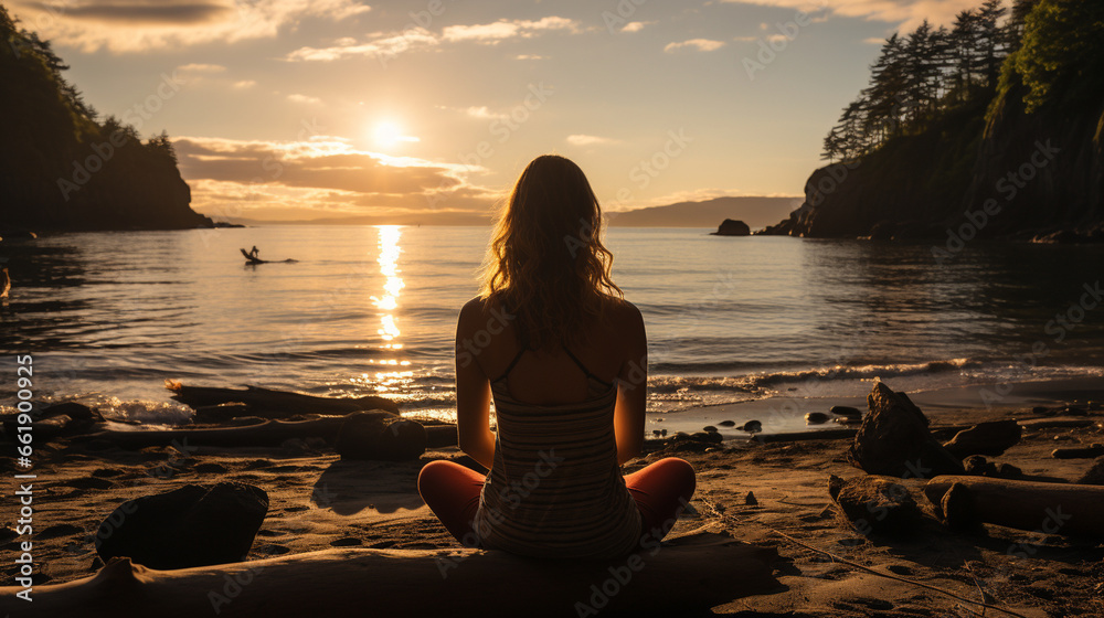 Yoga by the Ocean: A person practicing morning prayer and yoga on a serene beach by the calm ocean. Yoga by the Ocean: A person practicing morning prayer and yoga on a serene beach by the calm ocean.