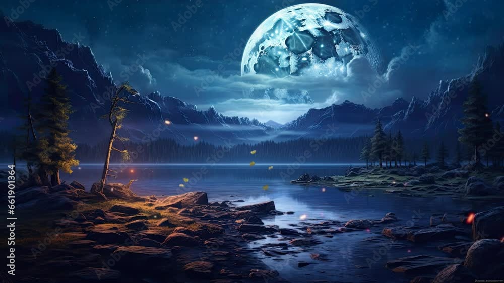 night landscape with moon and clouds in the lake. with anime or cartoon illustration style. seamless looping video animated background