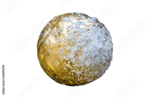Yellow ball covered with snow as a toy for decoration on the Christmas tree, isolated on a white background © Андрей Журавлев