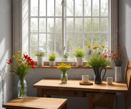 Empty wooden table with vase of wildflower on the windowsill. © @rsshima