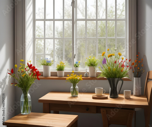 Empty wooden table with vase of wildflower on the windowsill.