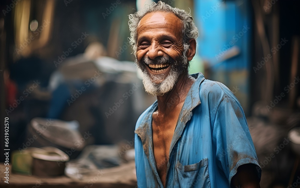 A happy poor man, smiling cheerfully against the background of the slums.