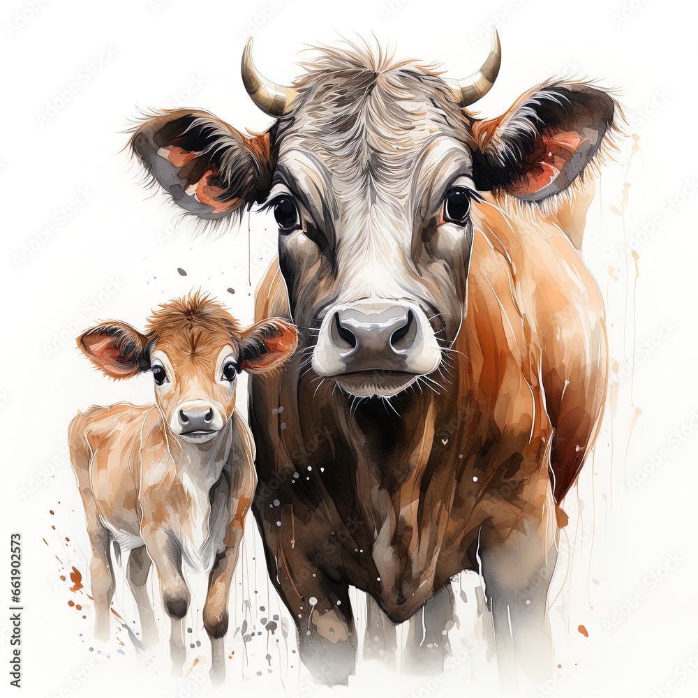 Watercolor portrait of cow with her calf in the field.