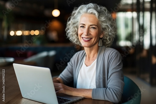 Beautiful stylish middle-aged woman works at laptop in modern office cafe coworking space. Elderly fashionable gray-haired businesswoman smiles, looks at the camera. Portrait of happy lady 50-60 years photo