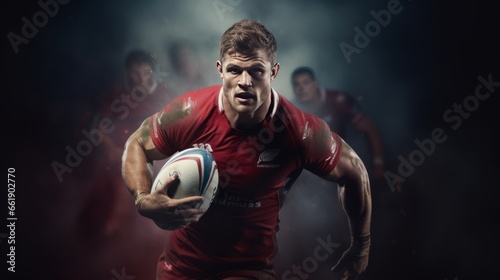 A rugby player sprinting down the field with the ball in hand photo