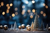 Christmas and New Year holidays background. Christmas tree and decorations on bokeh background. A Cozy aqua Christmas Background with Bokeh Lights and Christmas Tree