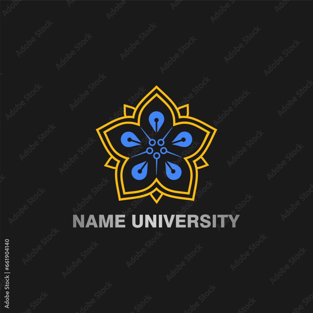 the logo is a flower petal, a nib, and an electronic circle rotated 72 degrees. Pentagon the logo is a flower petal, a nib, and an electronic circle rotated 72 degrees. Pentagon