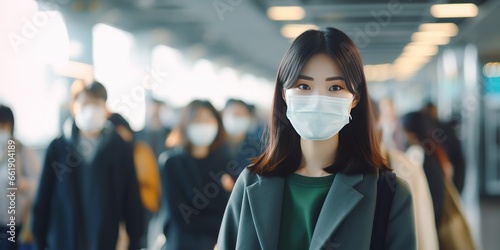 Asian woman with coronavirus walking with a surgical mask for protection