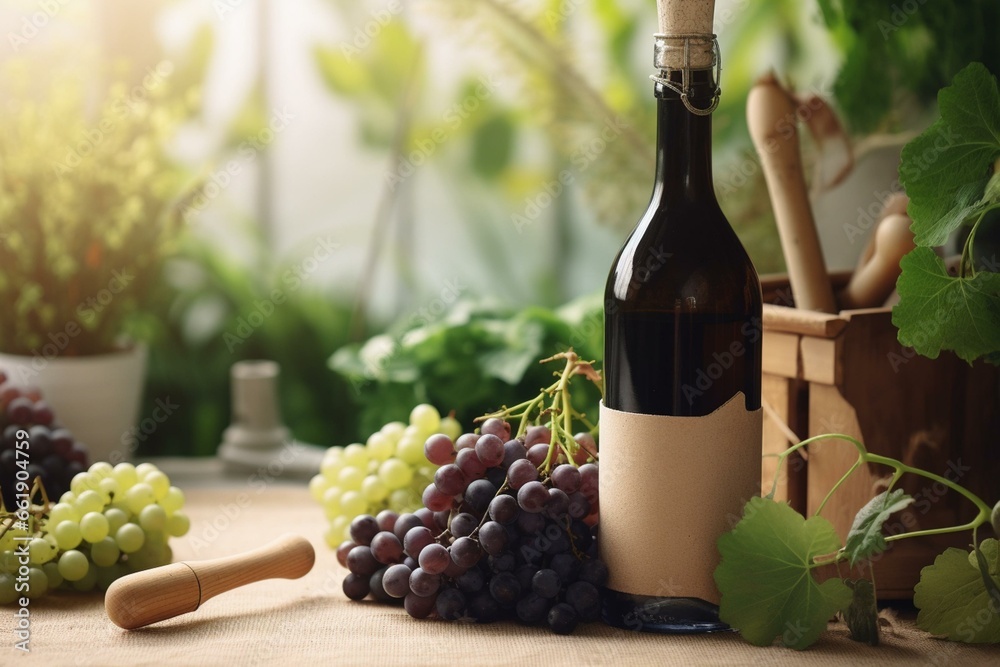 An image featuring a wine bottle surrounded by gardening items, grapes, and copy space. Suitable for wedding, anniversary, or greeting card themes. Generative AI