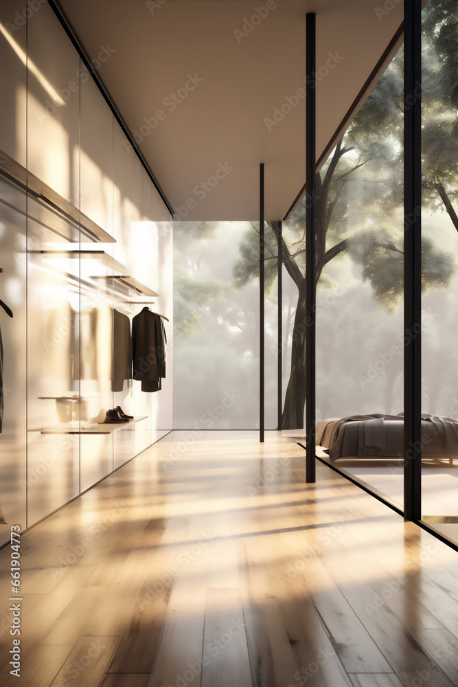 Luxury minimalist Hallway room with large glass wall, hyper realistic photo, beautiful light