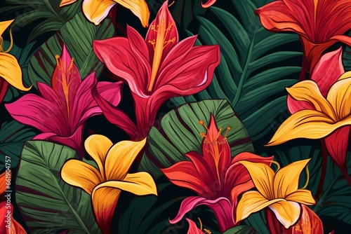 Seamless pattern of tropical flowers and banana leaves. Generative AI