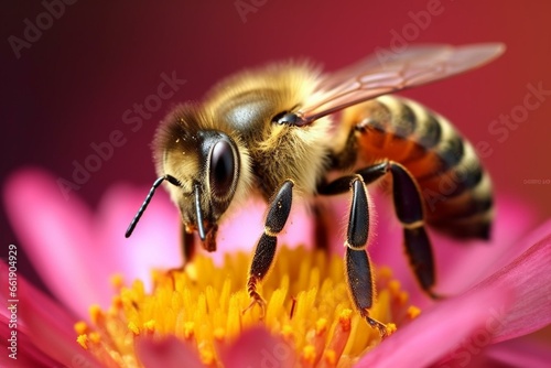 Bee on flower with green background, yellow/pink/green centers. Generative AI © Dmytro
