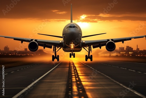 A big aircraft departing from a runway during dawn/sunset, with landing gear down, ready for takeoff. Generative AI