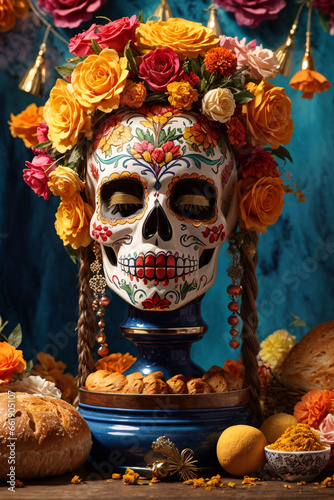 Day of the dead, Dia de los muertos, sugar skull with marigold flowers wreath on paper watercolor Background. 