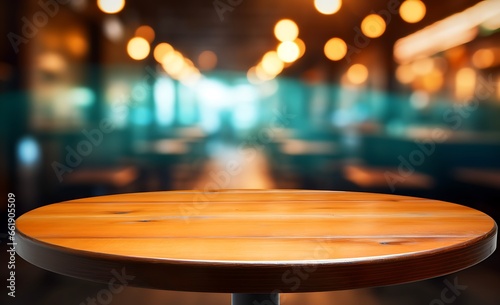 Empty wooden table and Coffee shop blur background with bokeh image. © BrandyStock