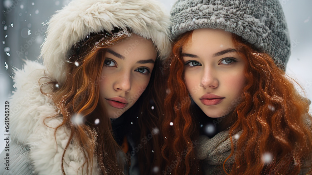 Horizontal portrait photo of two young adult girls posing in the snow. Concept people, lifestyle. Horizontal portrait photo of two young adult girls posing in the snow. Concept people, lifestyle.