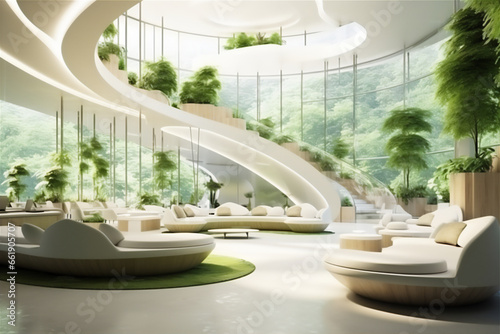 Minimalist futuristic hotel lobby interior with tropical theme, hyper realistic photo, beautiful light,