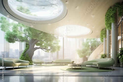 Minimalist futuristic hotel lobby interior with tropical theme  hyper realistic photo  beautiful light 