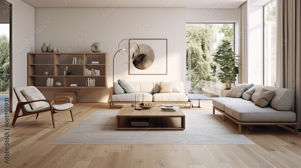 Fototapeta premium a living room with wood flooring and white walls, including a glass coffee table on the right hand side