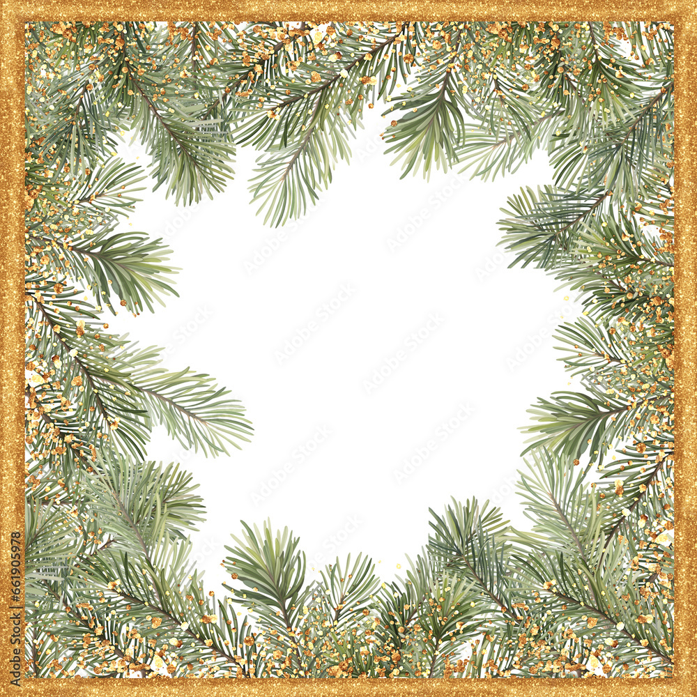 Gold Christmas frame with fir branches.
