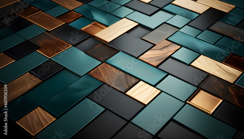 Abstract background of rectangular wooden blocks colored in emerald green and brown wooden texture. 