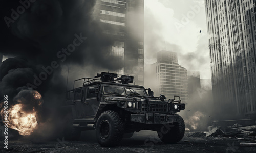 Fiery explosion engulfs a military vehicle amidst a dark.