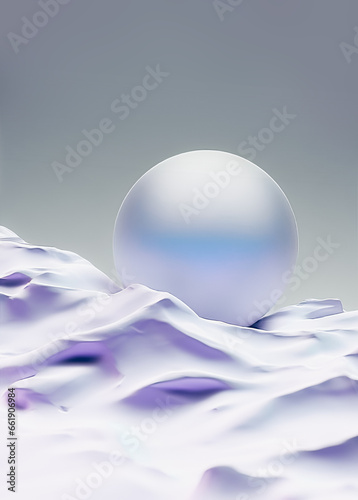 Abstract futuristic concept. Neon abstract idea. Pastel gray background. A large pearly white ball. Snow foam, snow slope. Abstract whipped cream. Imaginary snowy landscape. Polar fictional nature. photo