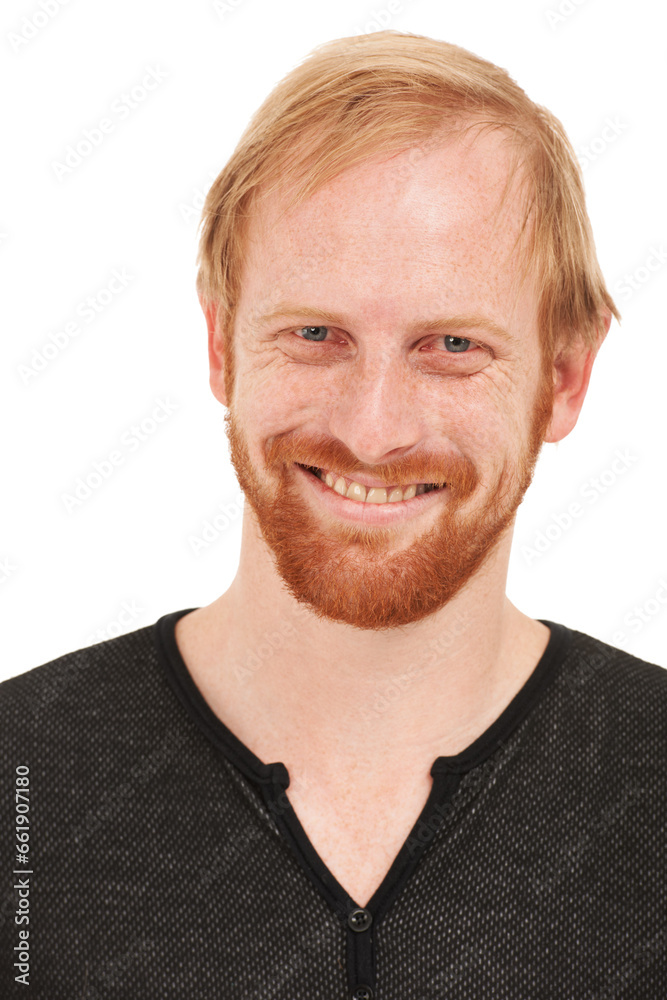 Face, portrait and happy man, ginger or smile isolated against a white studio background. Closeup of male person, USA or model looking in confidence, happiness or ambition in casual style fashion Face, portrait and happy man, ginger or smile isolated against a white studio background. Closeup of male person, USA or model looking in confidence, happiness or ambition in casual style fashion
