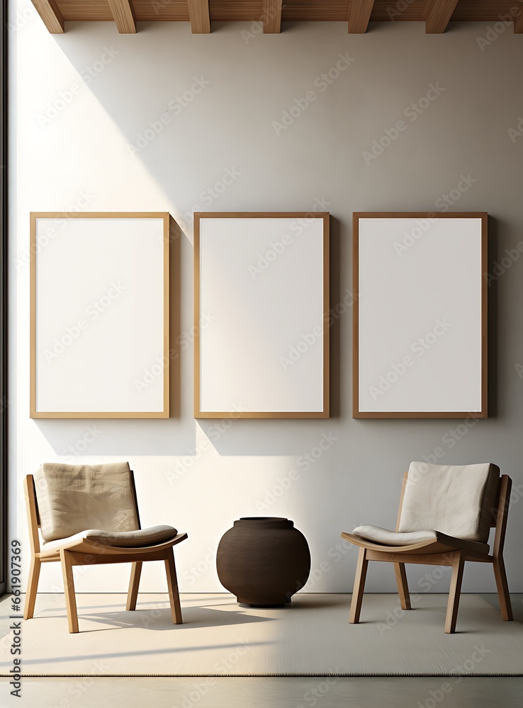 Interior of modern living room with empty frames on wall. Mock up, 3D Rendering Interior of modern living room with empty frames on wall. Mock up, 3D Rendering