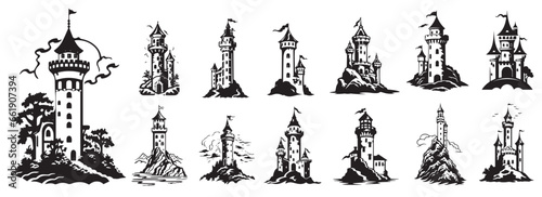 Beautiful magical fairy tale castle, princess tower, black and white vector, silhouette shapes illustration