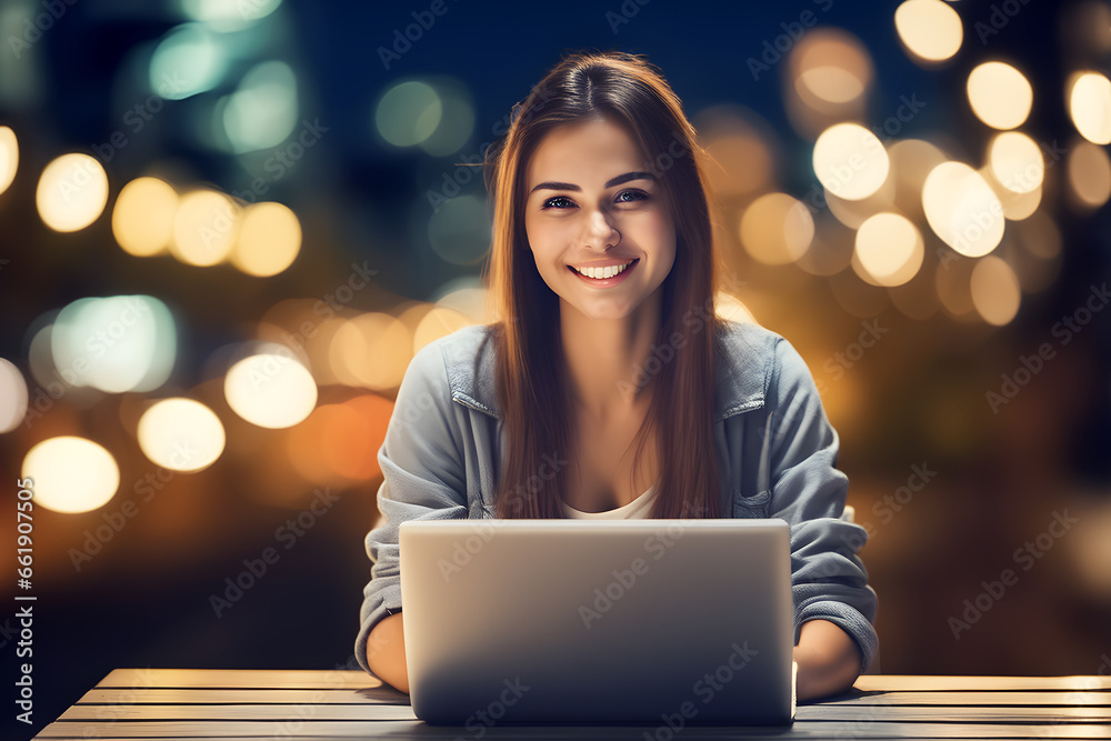 Smiling young woman in suit working on laptop late at night, blur bokeh city background, front view, AI generated Smiling young woman in suit working on laptop late at night, blur bokeh city background, front view, AI generated