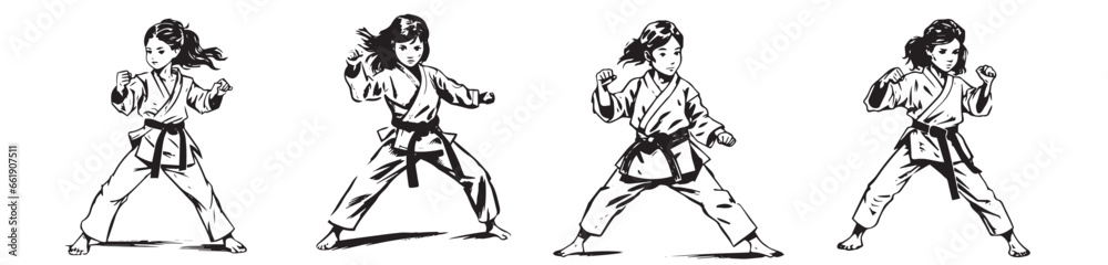 A young girl training martial arts karate in a kimono with a black belt, black and white vector, silhouette shapes illustration