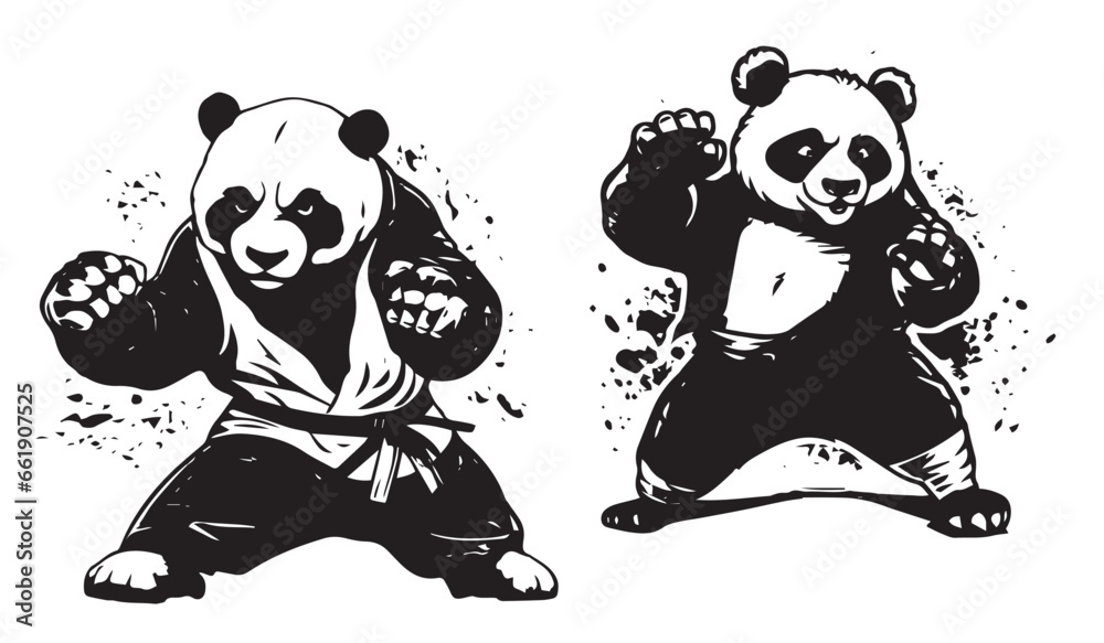 Panda bear, black and white vector, silhouette shapes illustration - obrazy, fototapety, plakaty 