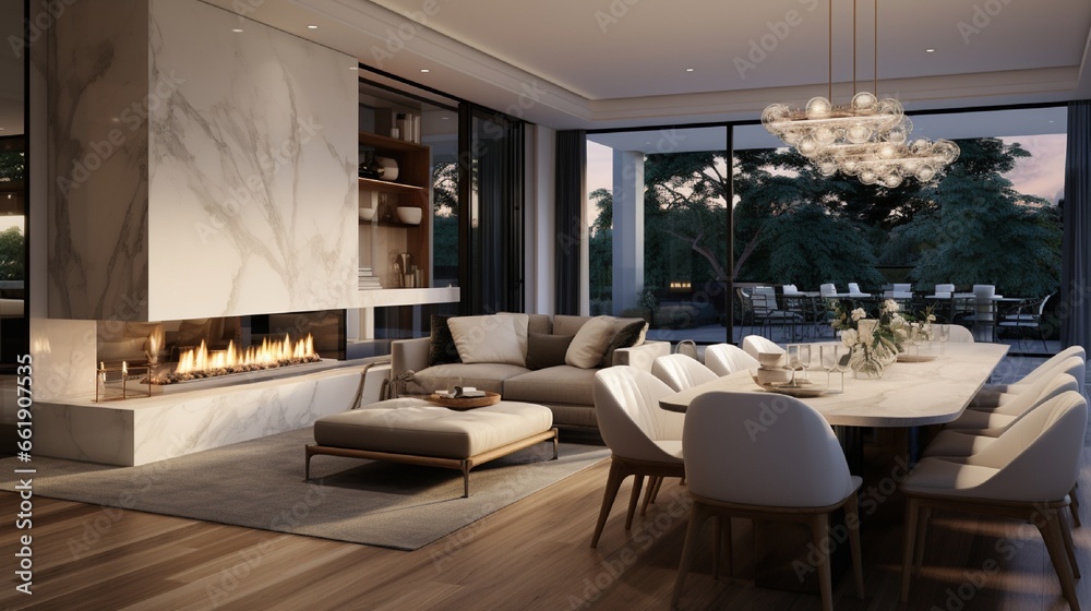 contemporary living room with open concept view through to dining room kitchen and a marble fireplace with gas fire