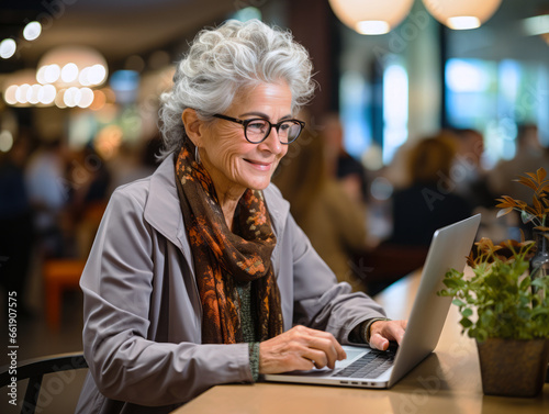 An elderly woman in a cafe communicates with relatives online. 