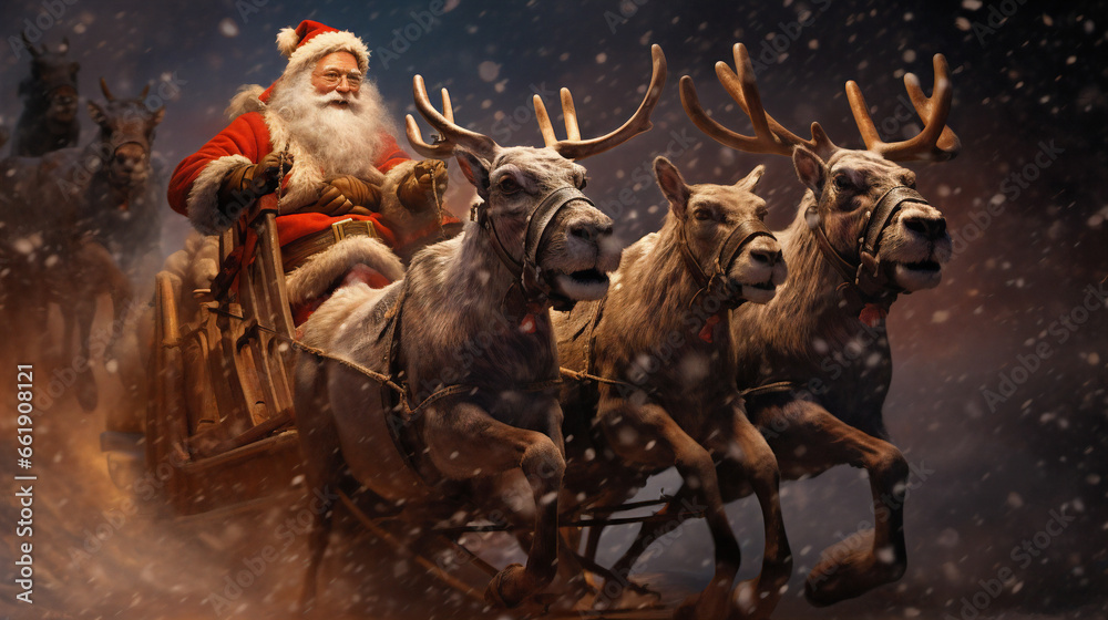 Santa Claus sleigh pulled by reindeer Christmas design Illustration. Old man, December, xmas, costume, Generative AI