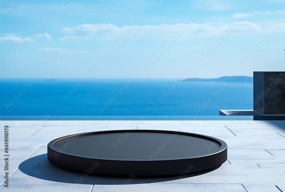 Black round podium on the terrace overlooking the sea and mountains.