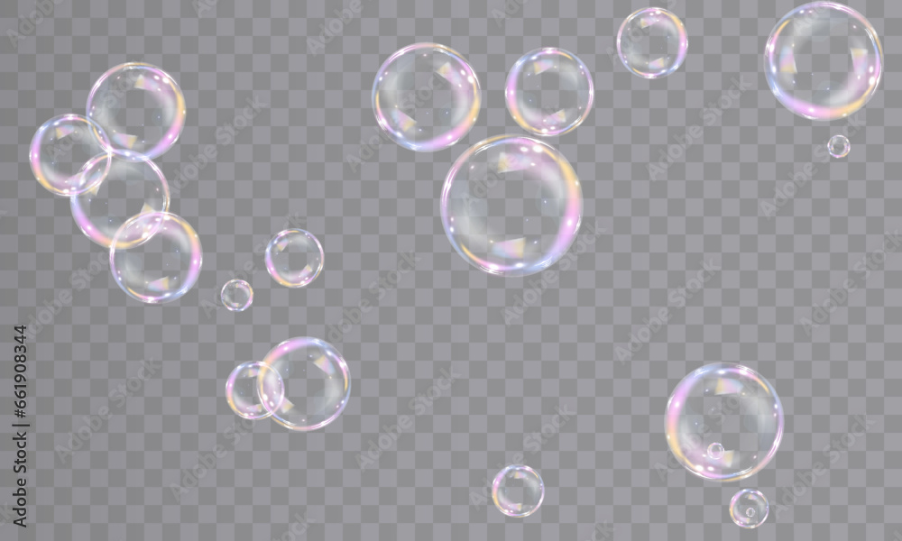 Realistic bubbles isolated on transparent background. Vector illustration of iridescent bubbles with shiny rainbow surface, bubble bath, symbol of freedom and childhood fun.
