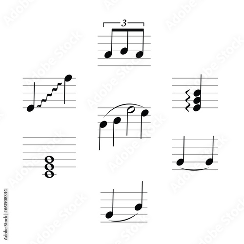 Note relationships symbol set isolated on white background. Musical symbol. Musical notation. Flashcard for learning music. photo