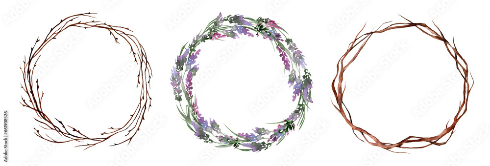 Set of watercolor round wreath with lavender. Frame for design isolated on white background. Ideal for cards and invitations Set of watercolor round wreath with lavender. Frame for design isolated on white background. Ideal for cards and invitations