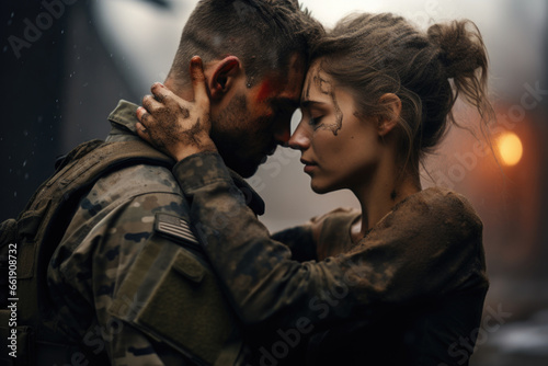 Murais de parede Army soldier hugs his wife