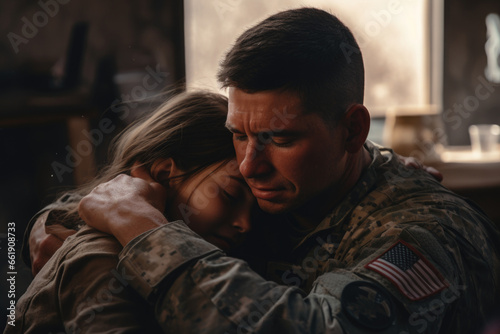 Army soldier embracing his daughter. Military family reunion. Waiting for relative from war