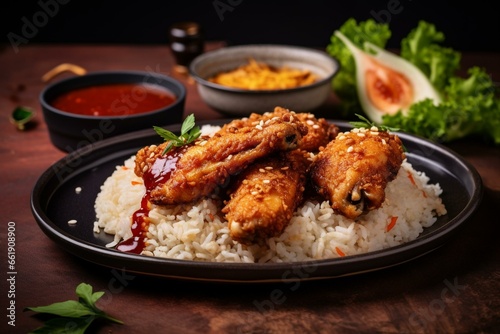 Delicious rice with crispy chicken wings. Generative AI