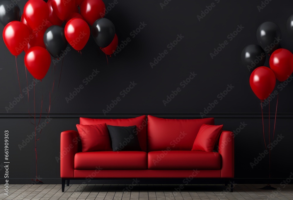 Red sofa and many black and red balloons near black french style wall. Black friday banner design - obrazy, fototapety, plakaty 