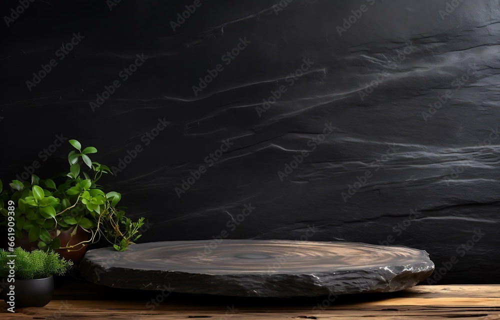 Black stone platform and plant on wooden table in front of black wall