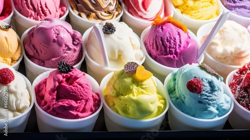 Vibrant display of various types of  ice-cream, frozen confections, created with Generative Ai technology.