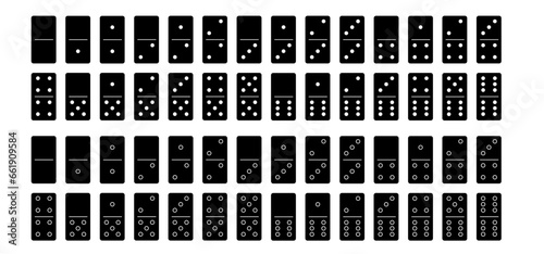 Cartoon domino tiles. Classic dominoes, domino's pictogram. Playing, parts of game full bones tiles. Black, white domino. Flat vector set. 28 pieces. White chip of domino on board for gambling. 